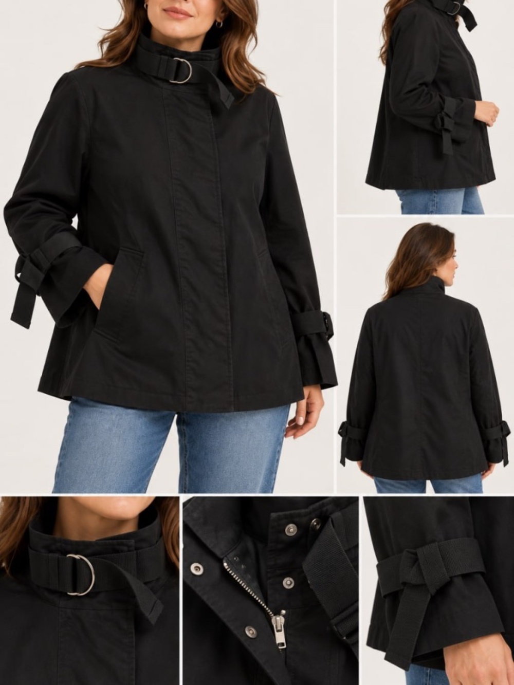 Ann Taylor Black Cotton Jacket High Collar Buckle Strap Detail Women's L